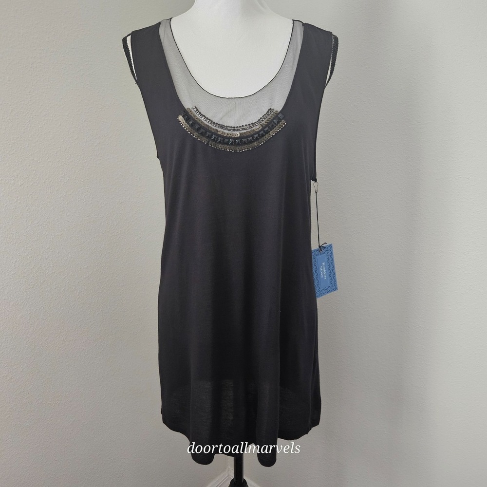 Vera Wang Black Beaded Sleeveless Top Slinky Mesh Party Cocktail Festival NWT